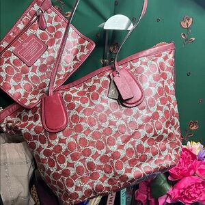 Coach Red and Cream Patterned Tote